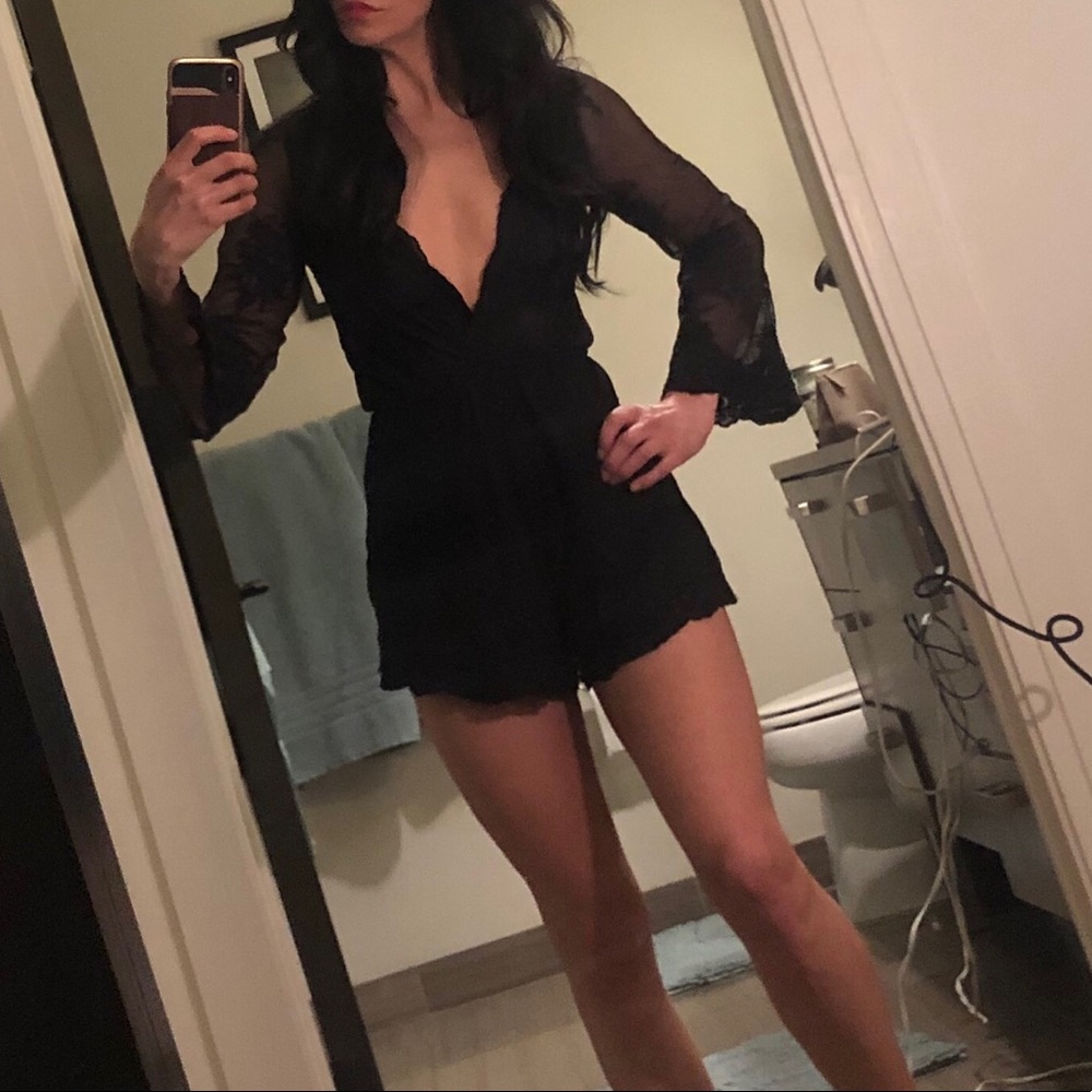 Reverse Black Deep-V romper with lace sleeves